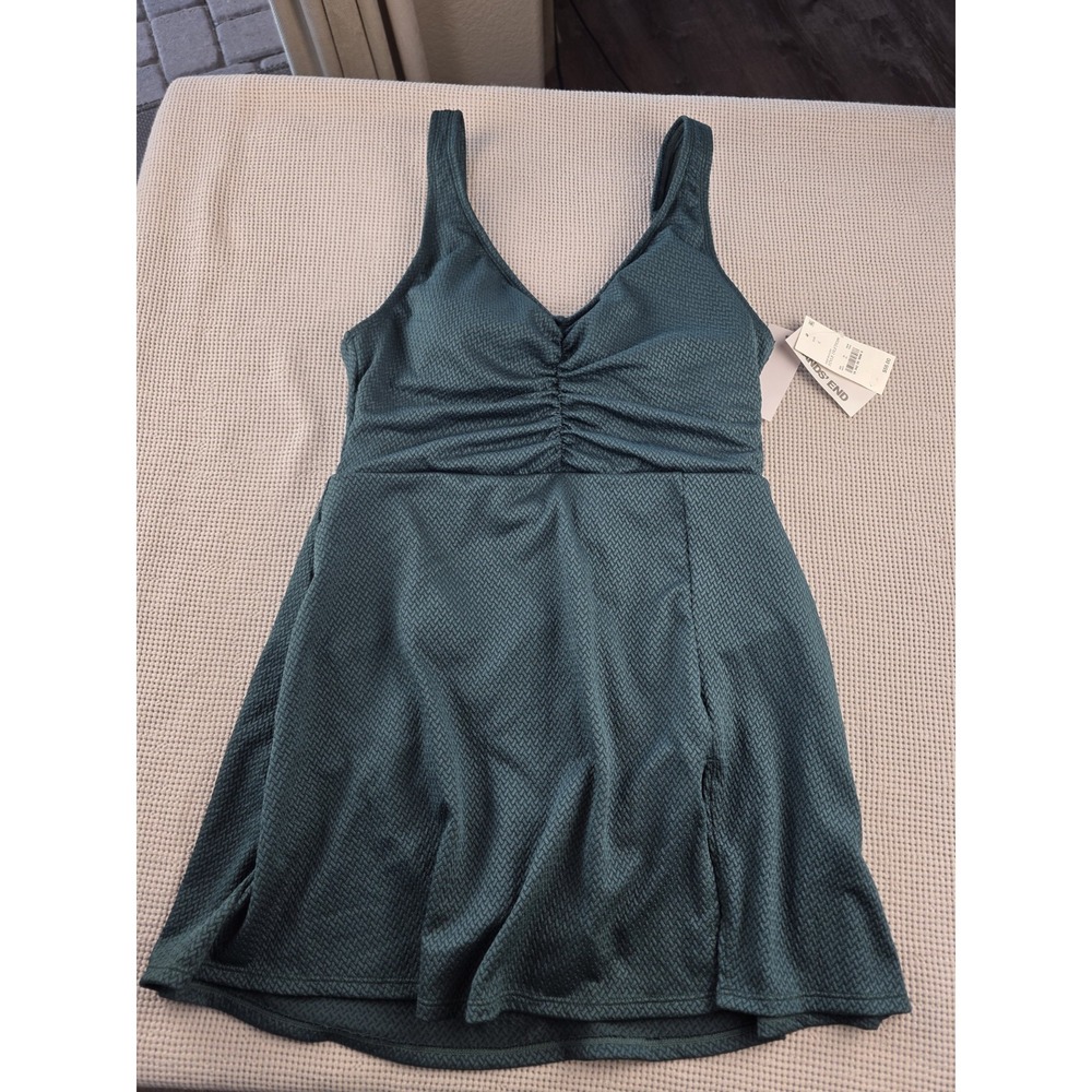 Lands' End Women's Textured Shirred Romper Swimdress MED Deep Balsam Green (508)